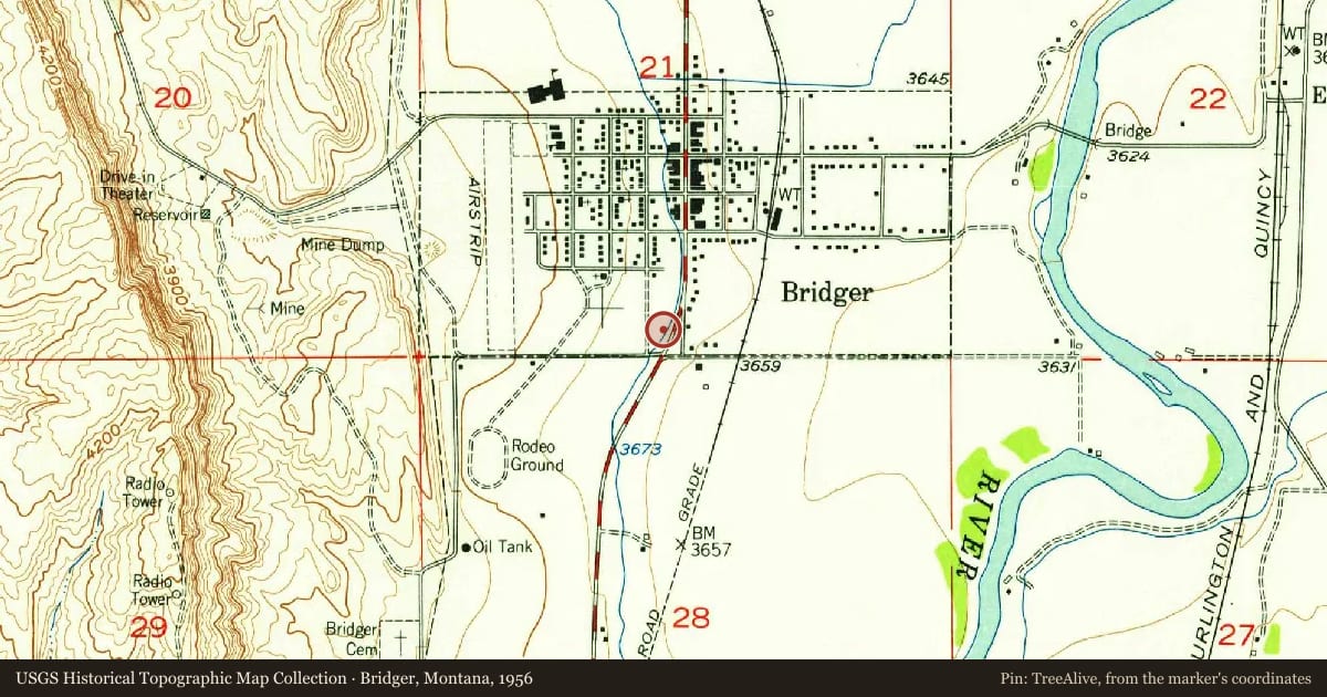 Bridger, Montana, 1956, covering the location of Jim Bridger, Mountain Man, with a pin at the marker's coordinates