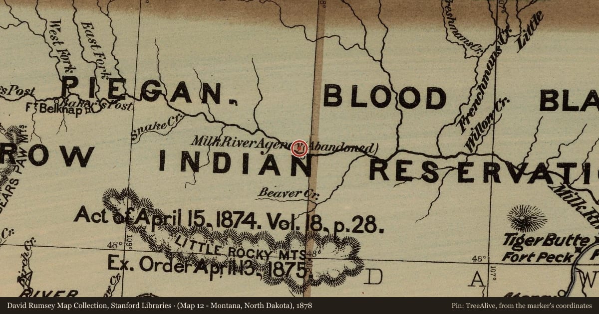(Map 12 - Montana, North Dakota), 1878, covering the location of Early Day Outlaws, with a pin at the marker's coordinates