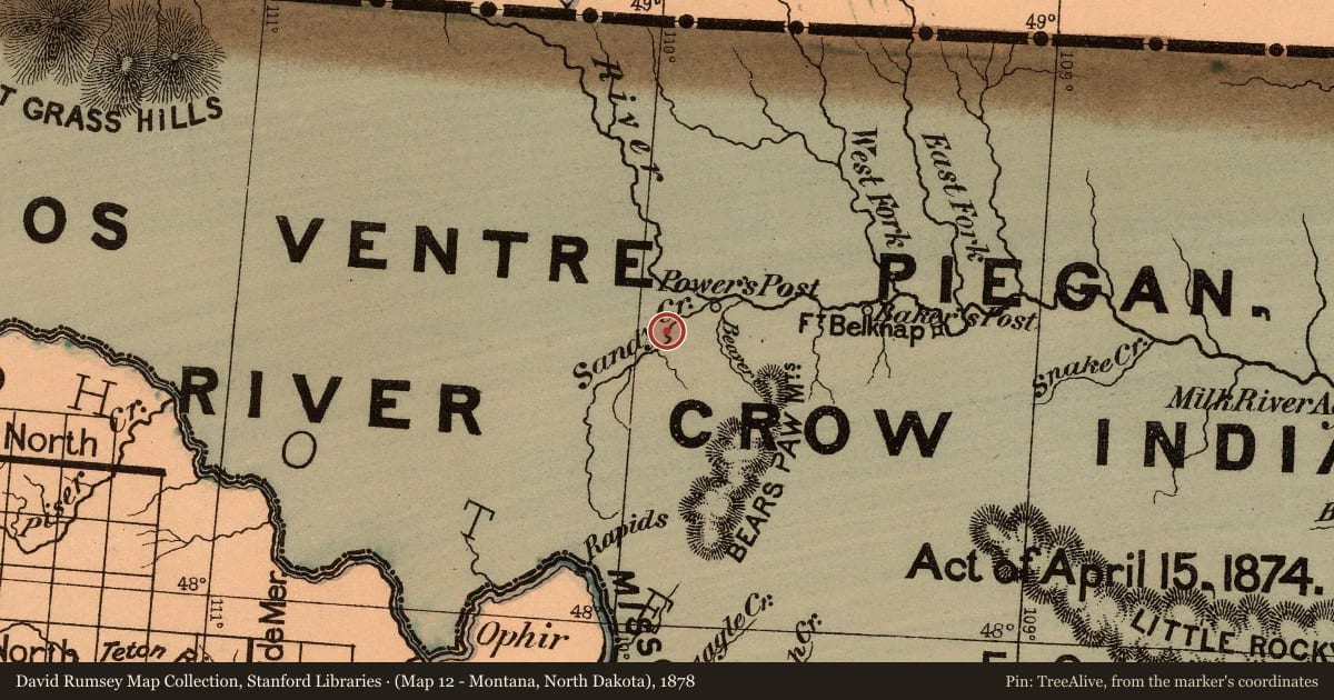 (Map 12 - Montana, North Dakota), 1878, covering the location of Fort Assinniboine, with a pin at the marker's coordinates