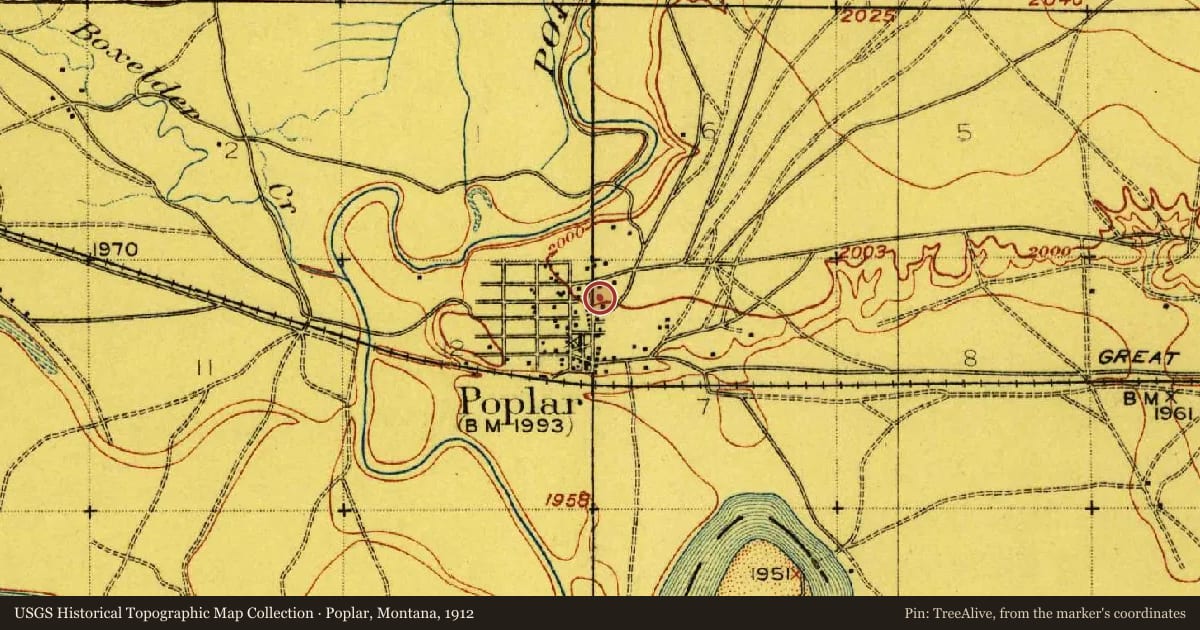 Poplar, Montana, 1912, covering the location of Fort Peck Indian Reservation, with a pin at the marker's coordinates