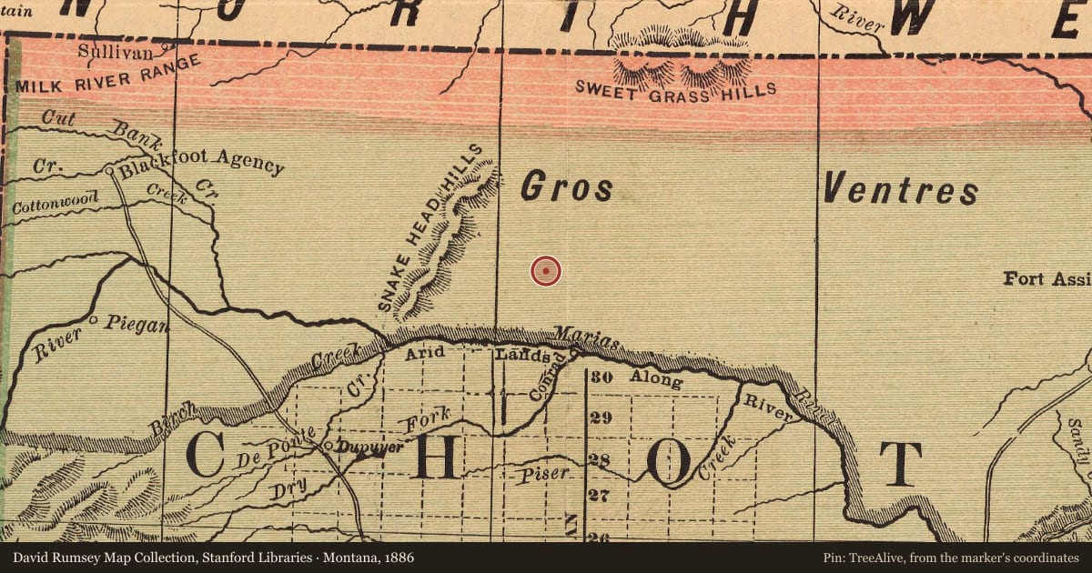 Montana, 1886, covering the location of The Oily Boid Gets the Woim, with a pin at the marker's coordinates