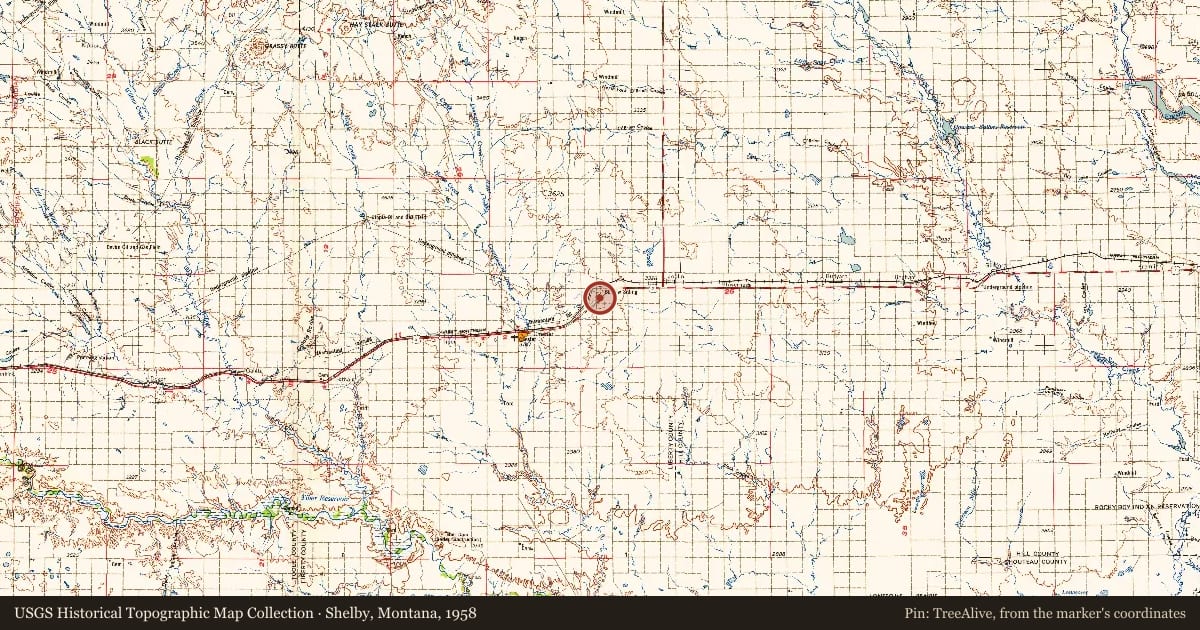 Shelby, Montana, 1958, covering the location of The Sweet Grass Hills, with a pin at the marker's coordinates