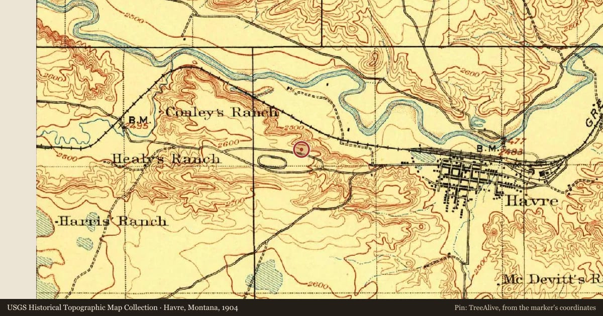 Havre, Montana, 1904, covering the location of Havre, with a pin at the marker's coordinates