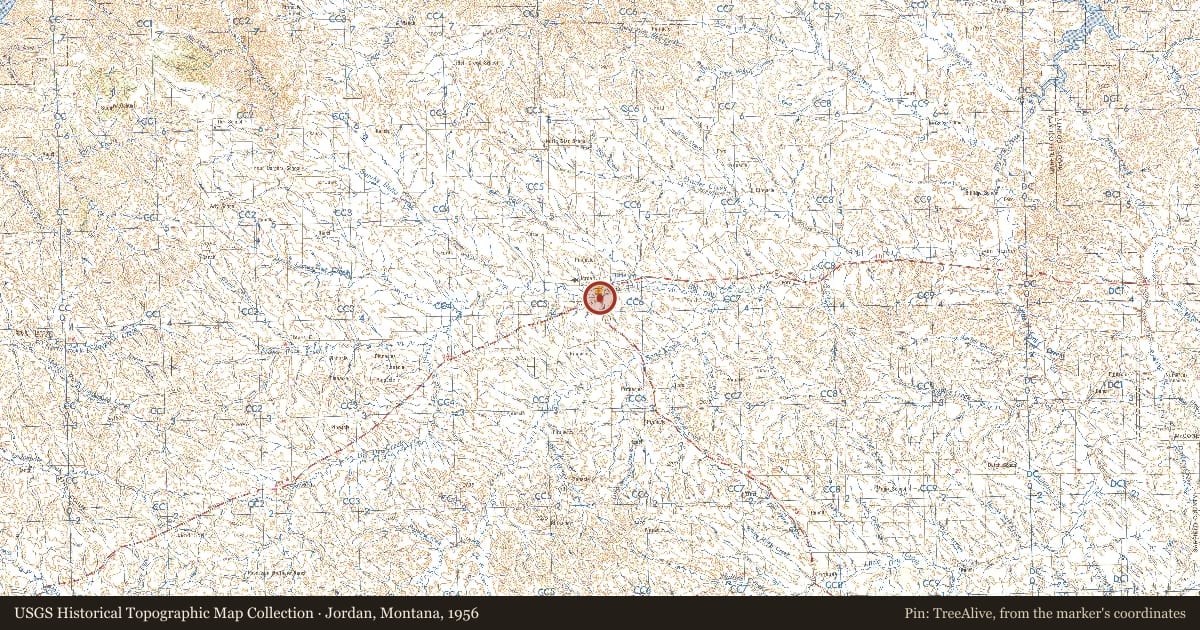 Jordan, Montana, 1956, covering the location of Indian Country, with a pin at the marker's coordinates