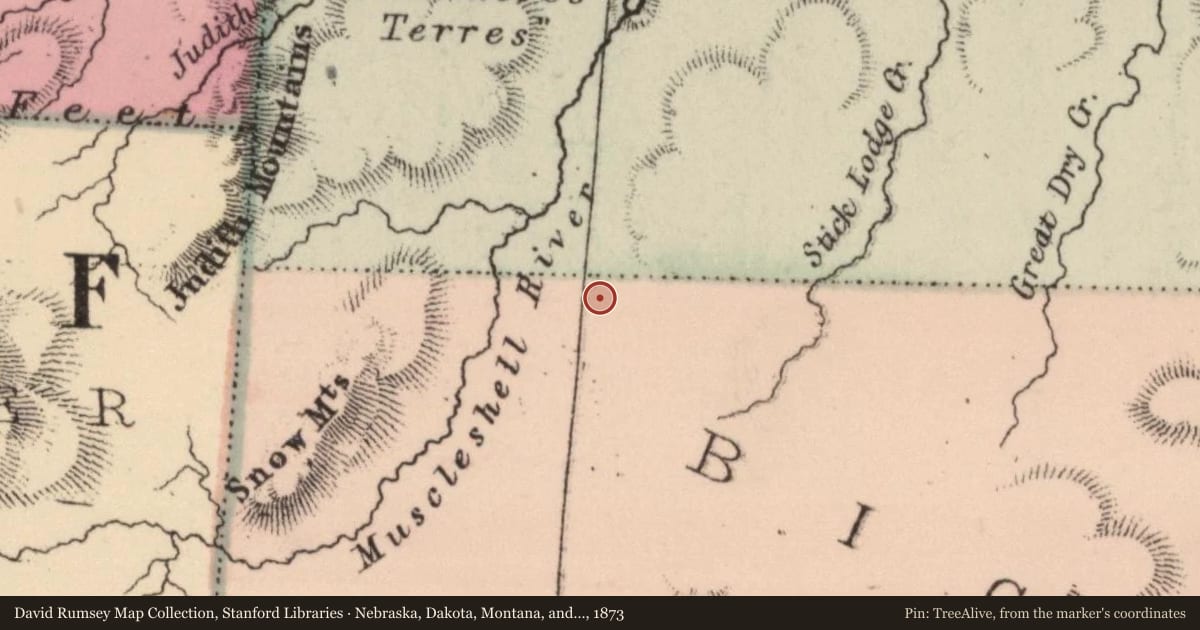 Nebraska, Dakota, Montana, and Wyoming, 1873, covering the location of Fort Musselshell, with a pin at the marker's coordinates