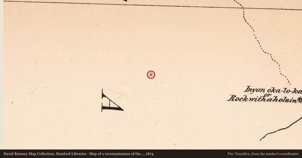 Map of a reconnaissance of the Black Hills of Dakota, July and August 1874, 1874, covering the location of Ekalaka, with a pin at the marker's coordinates