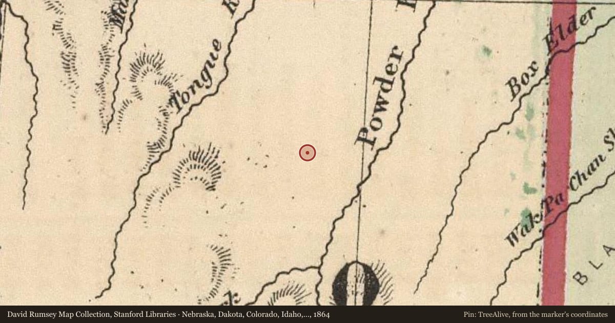 Nebraska, Dakota, Colorado, Idaho, Kansas, 1864, covering the location of Southeastern Montana, with a pin at the marker's coordinates