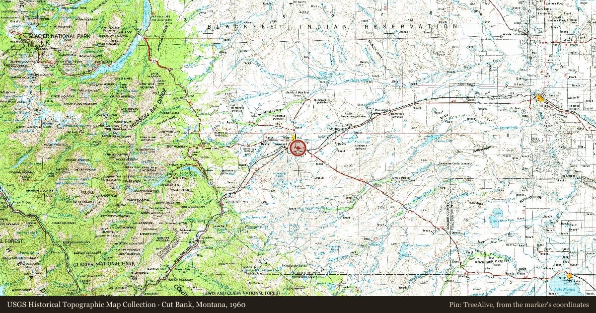Cut Bank, Montana, 1960, covering the location of The Blackfeet Nation, with a pin at the marker's coordinates