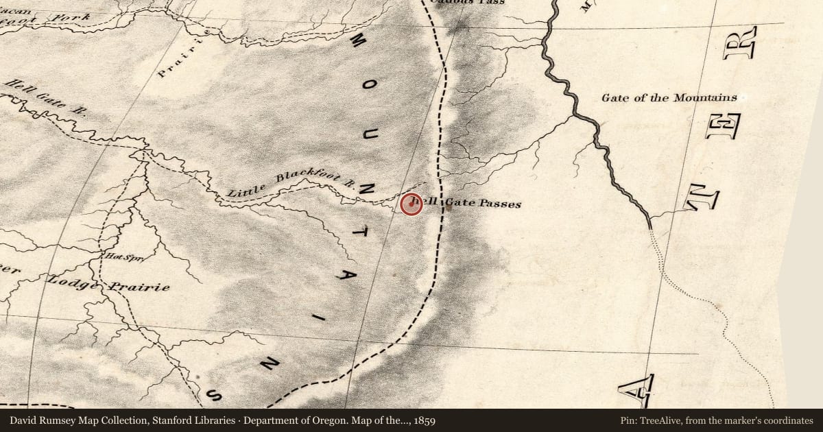 Department of Oregon. Map of the state of Oregon and Washington Territory, 1859, covering the location of The Mullan Road, with a pin at the marker's coordinates