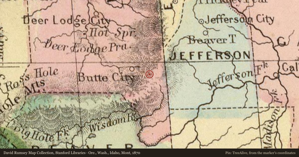 Ore., Wash., Idaho, Mont, 1870, covering the location of Meaderville, with a pin at the marker's coordinates