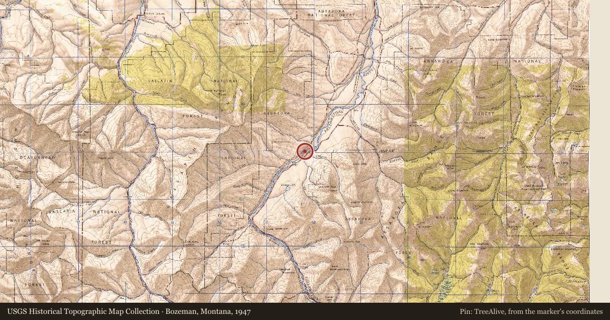 Bozeman, Montana, 1947, covering the location of Emigrant Gulch, with a pin at the marker's coordinates