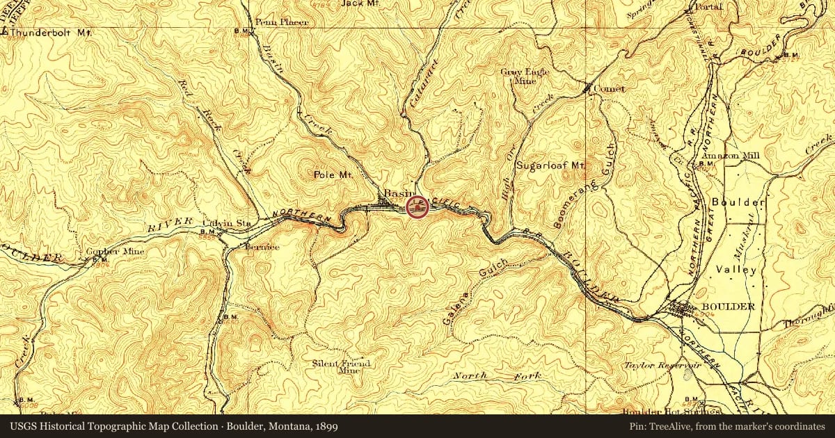 Boulder, Montana, 1899, covering the location of Mining Country, with a pin at the marker's coordinates