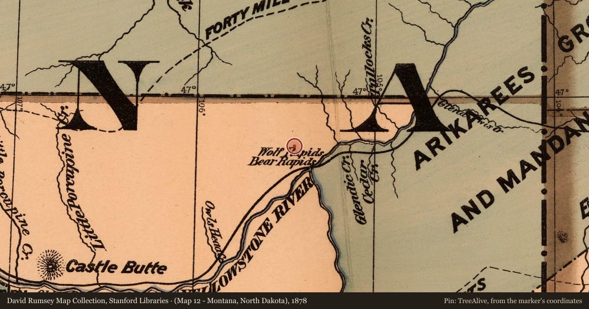 (Map 12 - Montana, North Dakota), 1878, covering the location of Powder River, with a pin at the marker's coordinates
