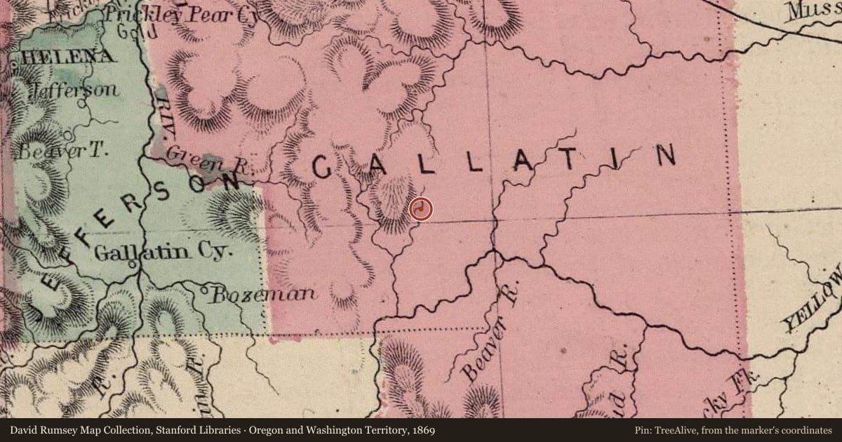 Oregon and Washington Territory, 1869, covering the location of Shields River Valley, with a pin at the marker's coordinates