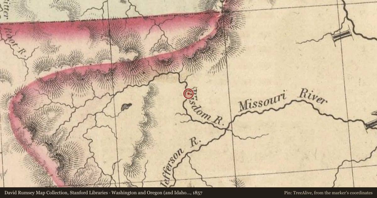 Washington and Oregon (and Idaho and Montana), 1857, covering the location of Jefferson Valley, with a pin at the marker's coordinates