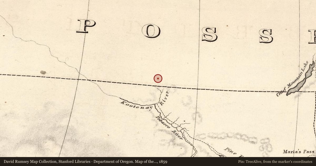 Department of Oregon. Map of the state of Oregon and Washington Territory, 1859, covering the location of Tobacco Plains, with a pin at the marker's coordinates