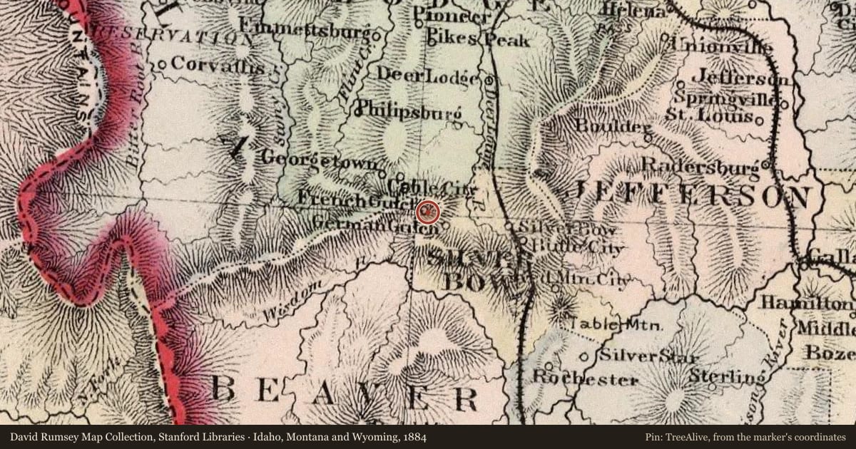 Idaho, Montana and Wyoming, 1884, covering the location of Anaconda, with a pin at the marker's coordinates