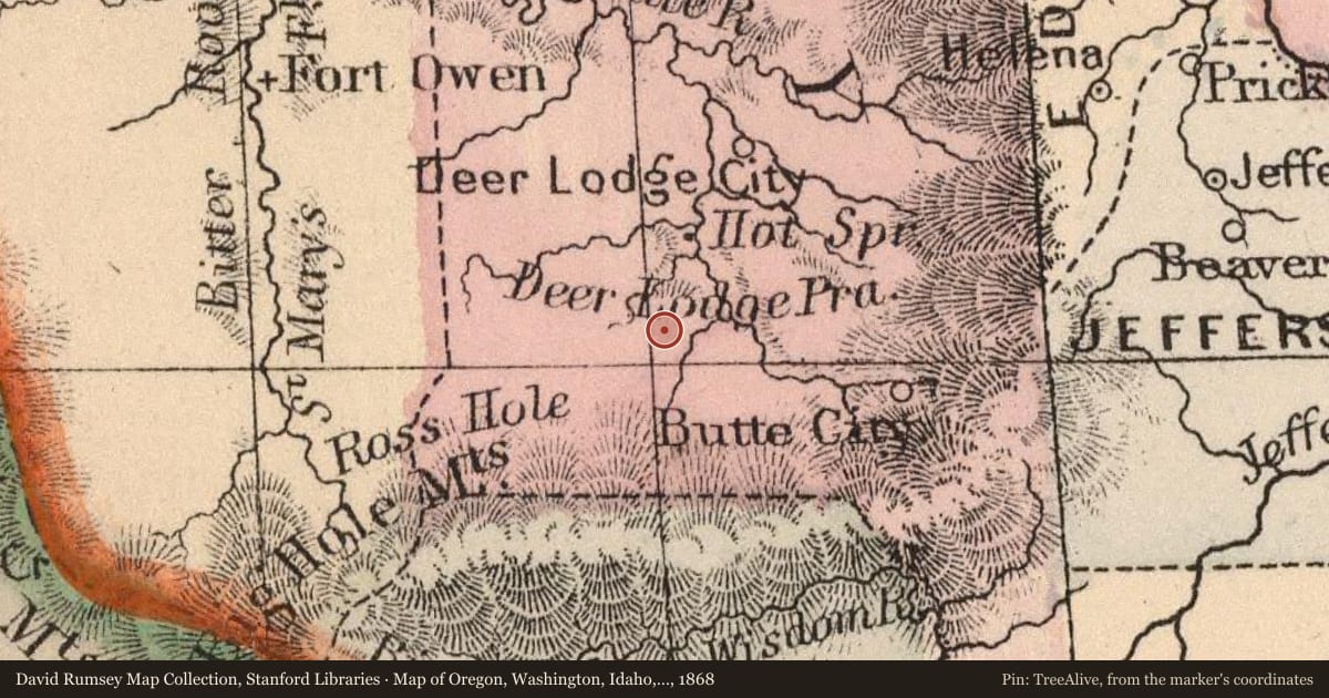 Map of Oregon, Washington, Idaho, and part of Montana, 1868, covering the location of Atlantic Cable Quartz Lode, with a pin at the marker's coordinates