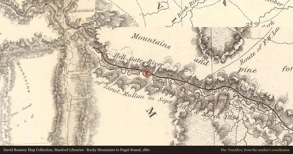 Rocky Mountains to Puget Sound, 1861, covering the location of Southern Flint Creek Valley, with a pin at the marker's coordinates