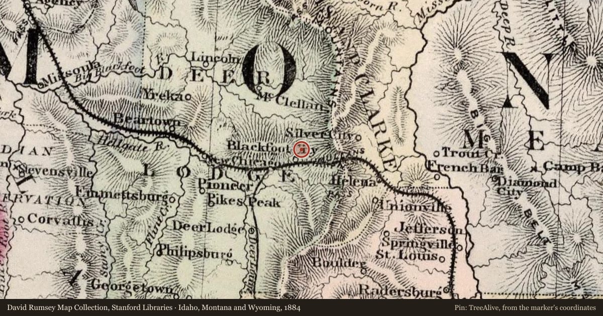 Idaho, Montana and Wyoming, 1884, covering the location of A Booming Little Place, with a pin at the marker's coordinates