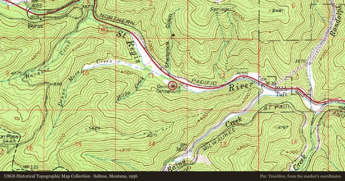 Saltese, Montana, 1956, covering the location of A Lost World: Precambrian Belt Rocks, with a pin at the marker's coordinates