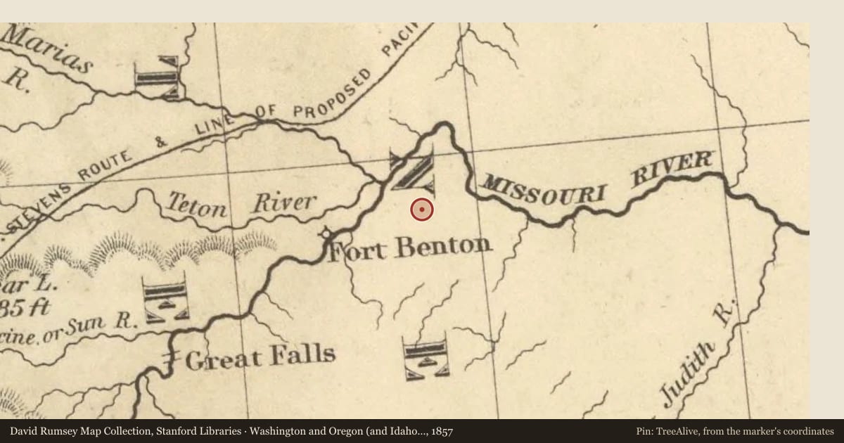 Washington and Oregon (and Idaho and Montana), 1857, covering the location of A Montana Crossroads, with a pin at the marker's coordinates
