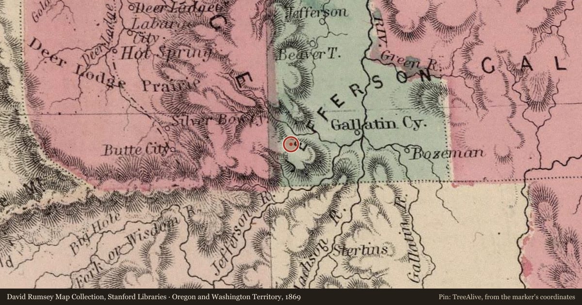 Oregon and Washington Territory, 1869, covering the location of A New World: Tertiary Mammals, with a pin at the marker's coordinates