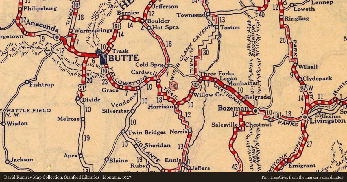 Montana, 1927, covering the location of A Passage Through Time: The Jefferson River Canyon, with a pin at the marker's coordinates