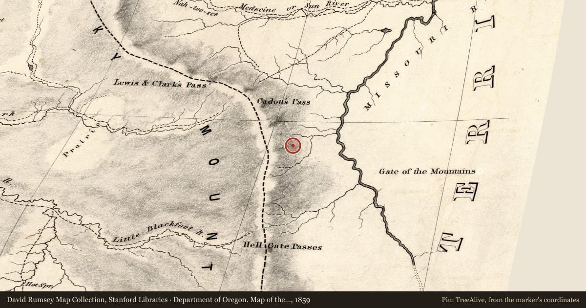 Department of Oregon. Map of the state of Oregon and Washington Territory, 1859, covering the location of A Perfect Defile: The Prickly Pear Canyon, with a pin at the marker's coordinates