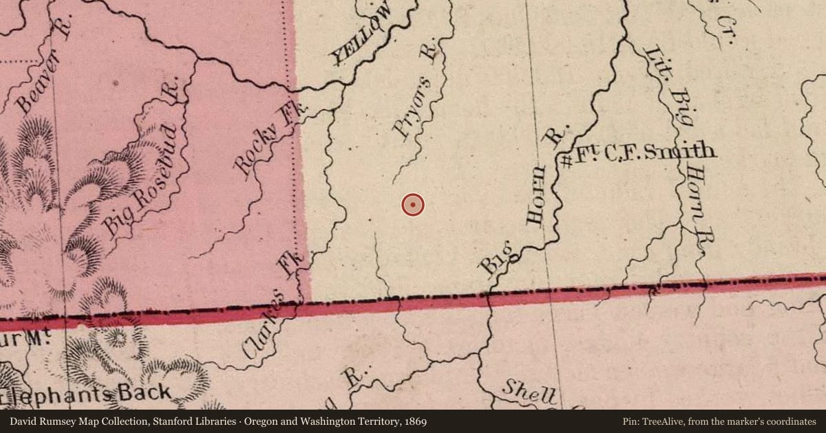 Oregon and Washington Territory, 1869, covering the location of A Trail Woefully Hard to Travel: The Bridger Cut-Off, with a pin at the marker's coordinates