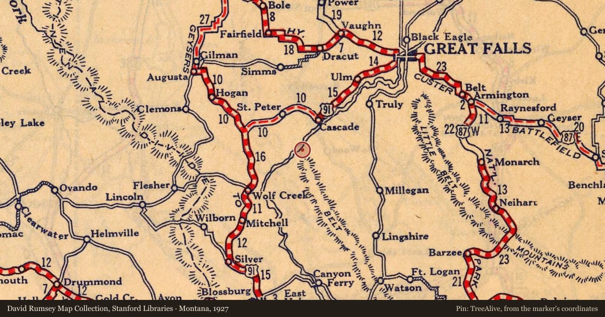 Montana, 1927, covering the location of A Volcanic Island in the Rocky Mountains, with a pin at the marker's coordinates