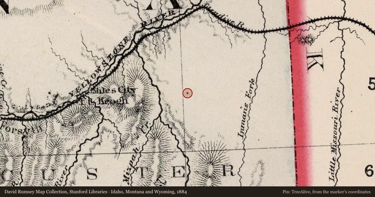 Idaho, Montana and Wyoming, 1884, covering the location of After The Roundup, with a pin at the marker's coordinates