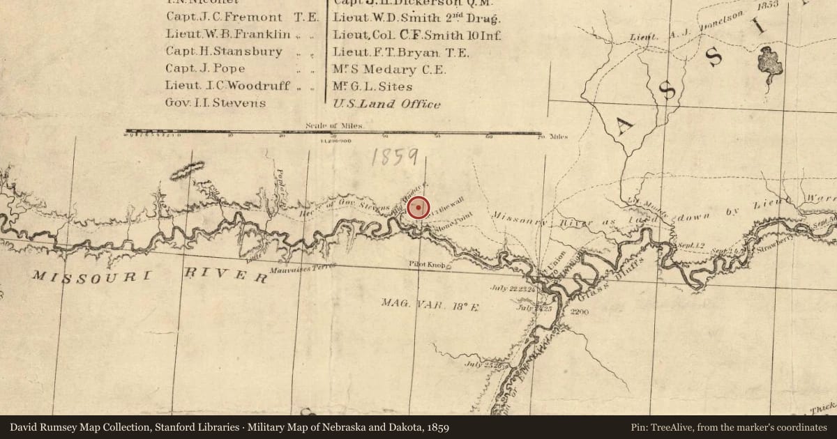 Military Map of Nebraska and Dakota, 1859, covering the location of An Imposing and Elaborate Establishment, with a pin at the marker's coordinates