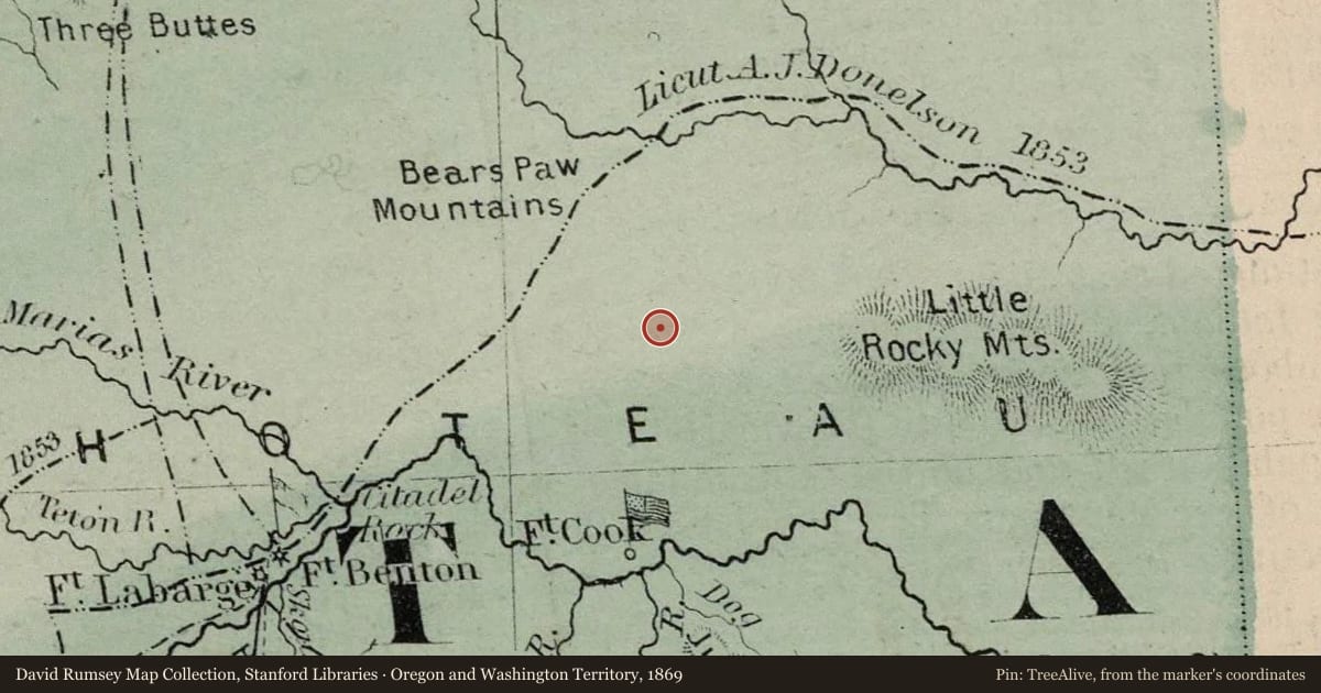 Oregon and Washington Territory, 1869, covering the location of An Island on the Plains: The Bear’s Paw Mountains, with a pin at the marker's coordinates