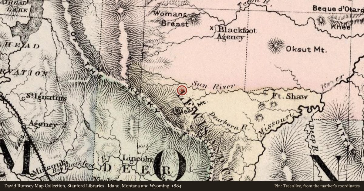 Idaho, Montana and Wyoming, 1884, covering the location of Augusta and Gilman, with a pin at the marker's coordinates