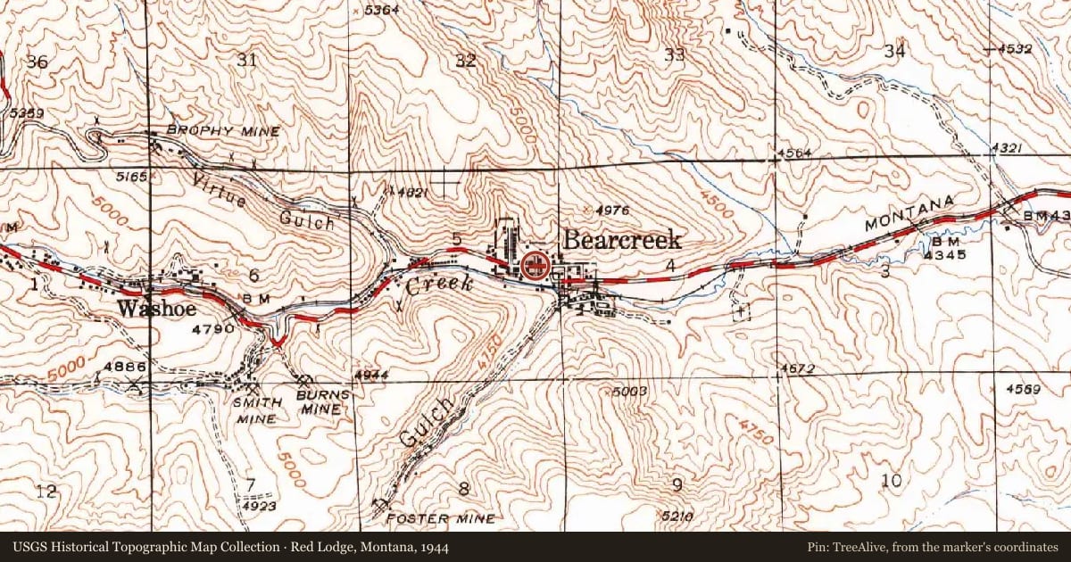 Red Lodge, Montana, 1944, covering the location of Bearcreek, with a pin at the marker's coordinates