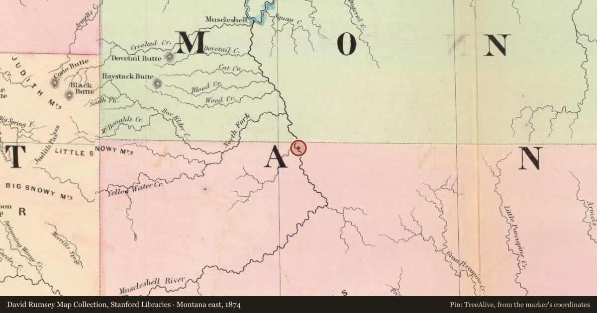 Montana east, 1874, covering the location of Bearpaw Shale and the Inland Ocean, with a pin at the marker's coordinates