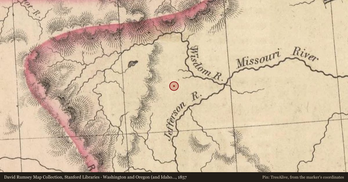 Washington and Oregon (and Idaho and Montana), 1857, covering the location of Beaverhead Rock, with a pin at the marker's coordinates