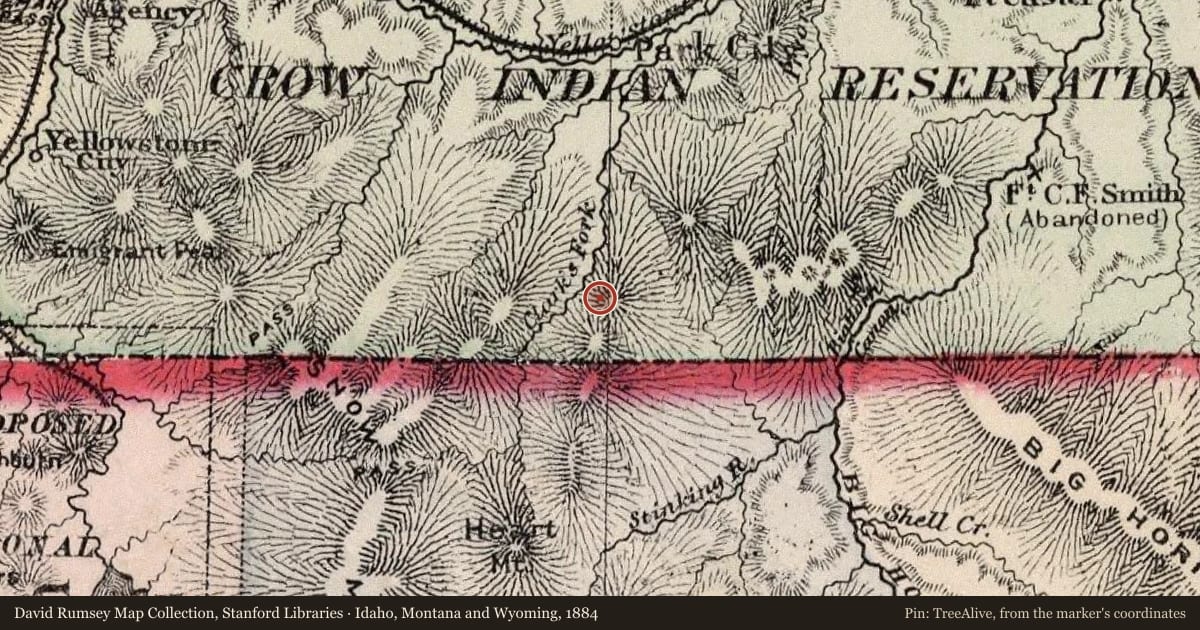 Idaho, Montana and Wyoming, 1884, covering the location of Belfry, with a pin at the marker's coordinates