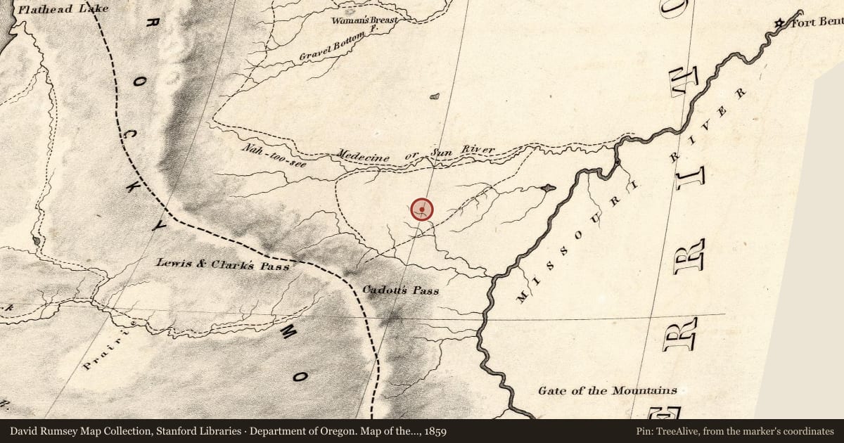 Department of Oregon. Map of the state of Oregon and Washington Territory, 1859, covering the location of Bird Tail Rock, with a pin at the marker's coordinates