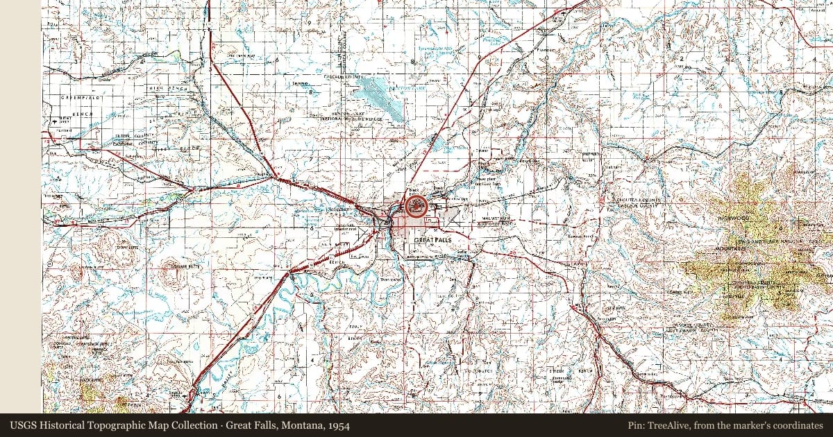 Great Falls, Montana, 1954, covering the location of Black Eagle, with a pin at the marker's coordinates