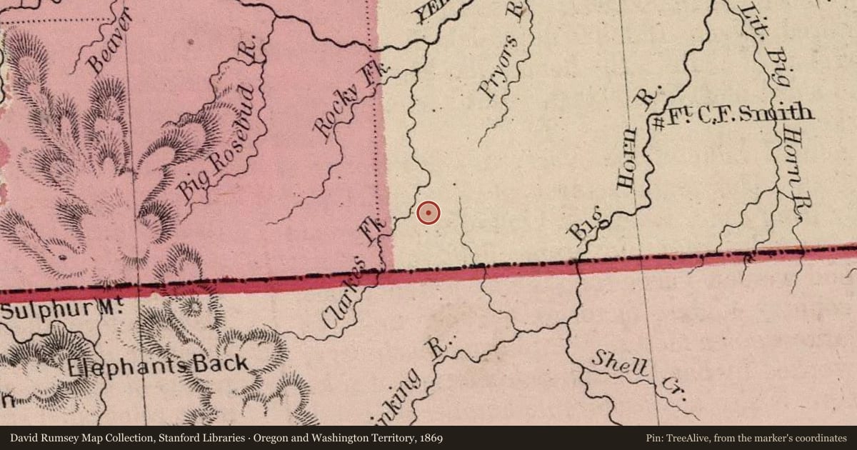 Oregon and Washington Territory, 1869, covering the location of Black Gold, with a pin at the marker's coordinates