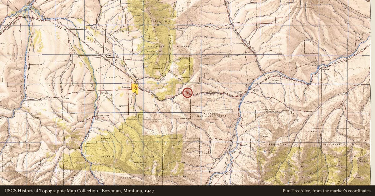 Bozeman, Montana, 1947, covering the location of Bozeman Pass, with a pin at the marker's coordinates