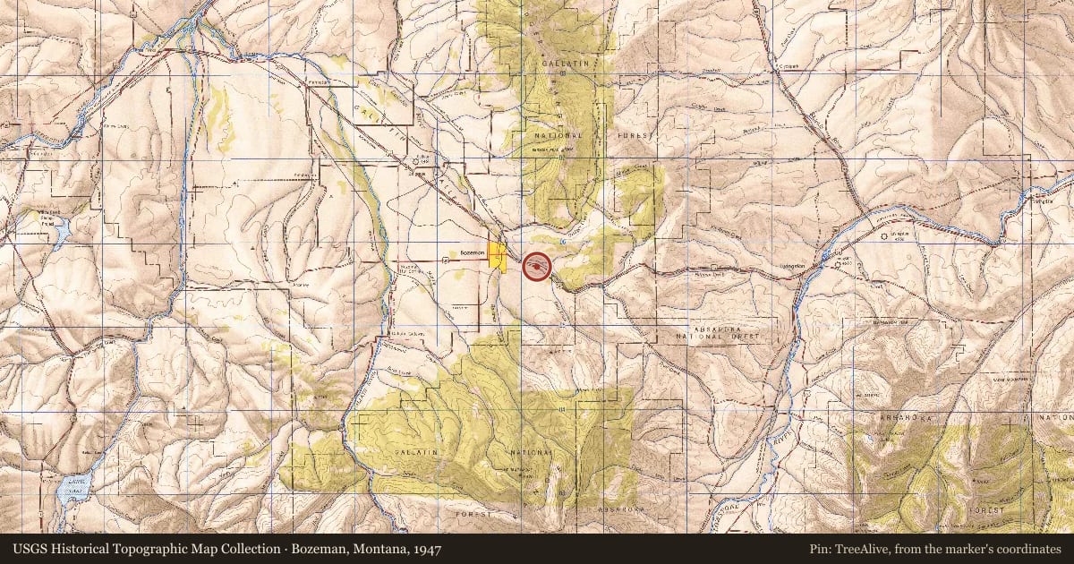 Bozeman, Montana, 1947, covering the location of Bozeman Trail, with a pin at the marker's coordinates