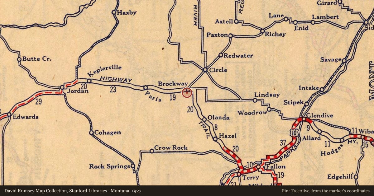 Montana, 1927, covering the location of Brockway, with a pin at the marker's coordinates