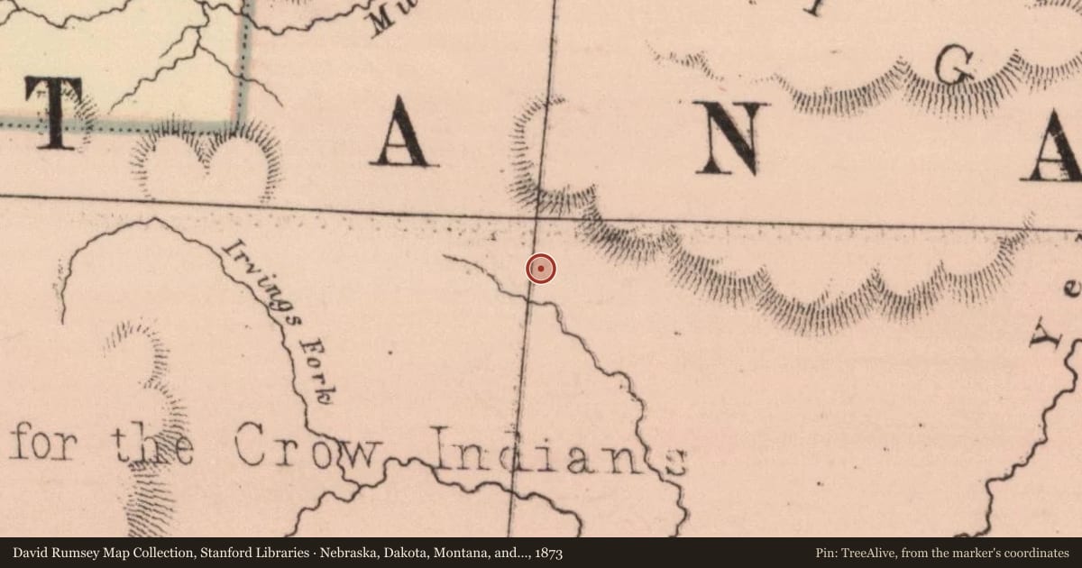Nebraska, Dakota, Montana, and Wyoming, 1873, covering the location of Camp #44 of the 1873 Yellowstone Expedition, with a pin at the marker's coordinates