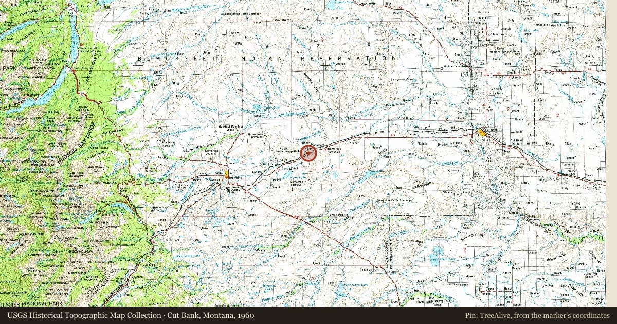 Cut Bank, Montana, 1960, covering the location of Camp Disappointment, with a pin at the marker's coordinates