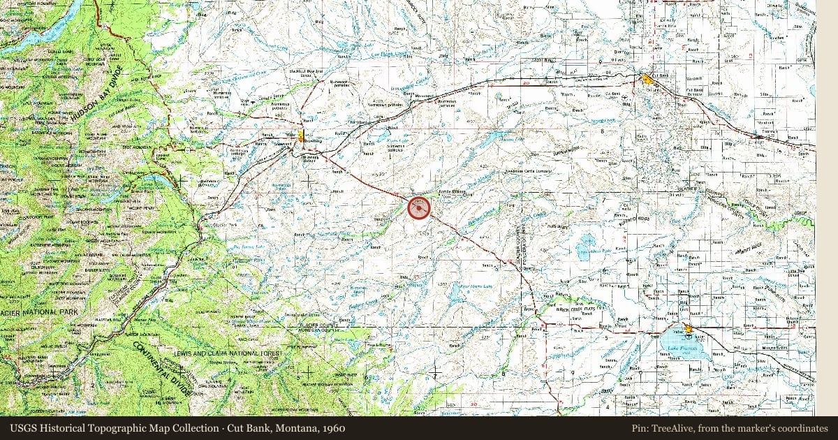 Cut Bank, Montana, 1960, covering the location of Chief Mountain and Old North Trail, with a pin at the marker's coordinates