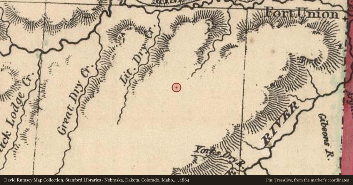 Nebraska, Dakota, Colorado, Idaho, Kansas, 1864, covering the location of Circle, with a pin at the marker's coordinates