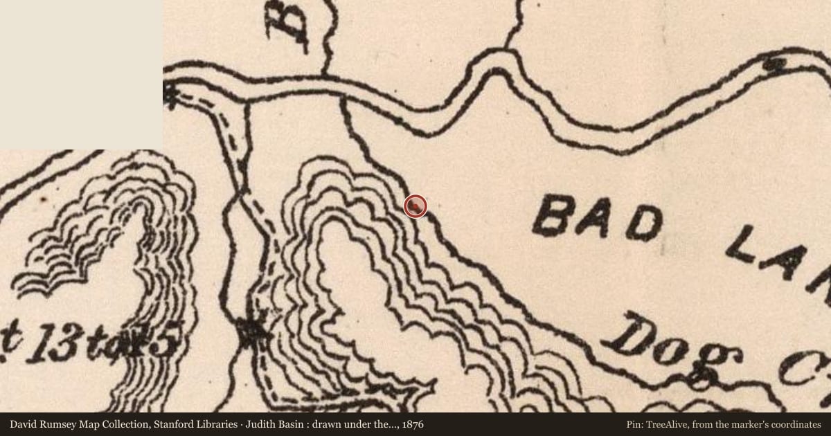 Judith Basin : drawn under the direction of Capt. W. Ludlow Corps of Engineers, 1876, covering the location of Claggett Hill Trail, with a pin at the marker's coordinates